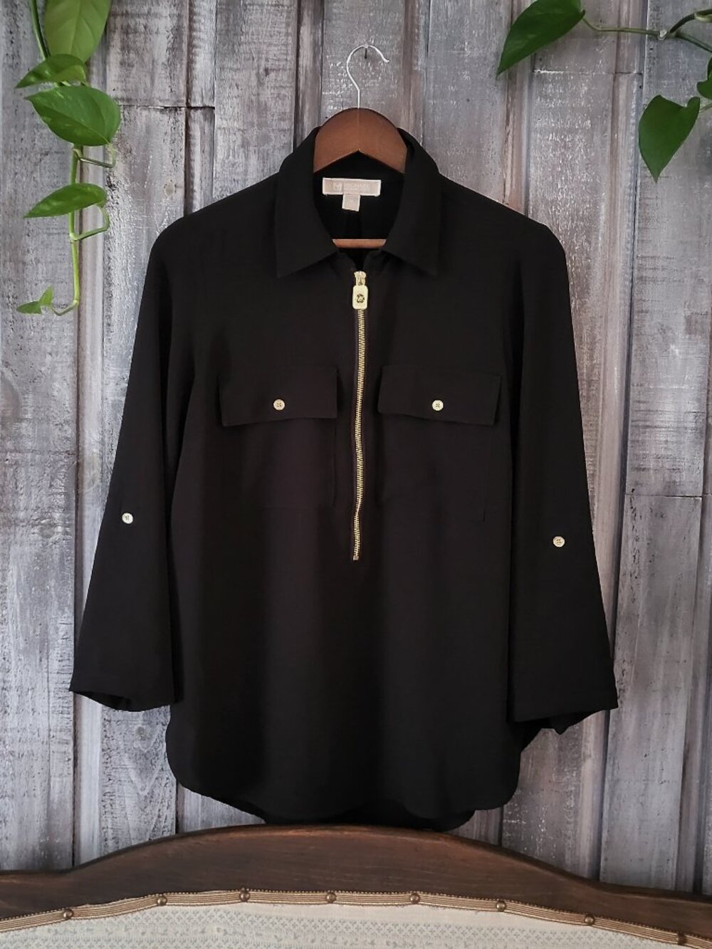 Michael Kors Black Gold Half Zip Roll Tab Blouse M